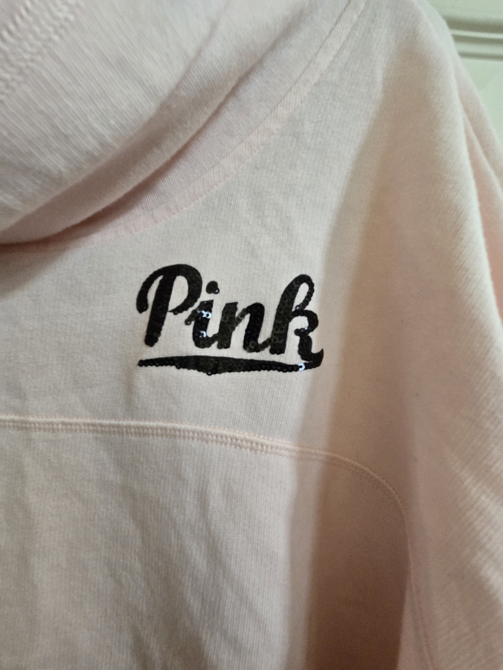 PINK Victoria's Secret Pullover Hoodie - Light Pink Sequin Sleeve Women's Top - Picture 4 of 11